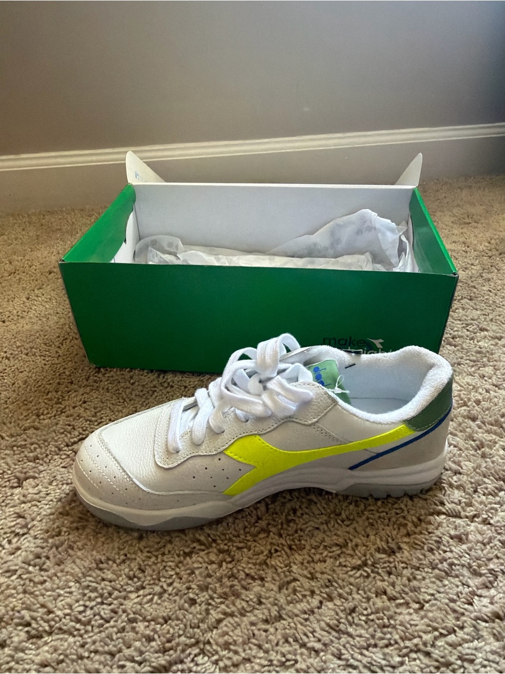 Diadora Kids White Sneakers with Neon Yellow & Blue Trim